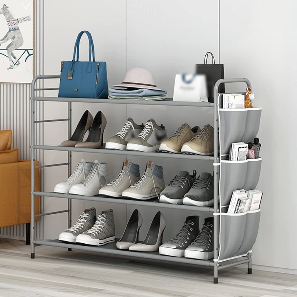Schuhregal, einfaches Schuhregal, 4-stöckiges Schuhregal, Stoff-Schuhregal, Aufbewahrung, Organizer, Metall, freistehende Schuhregale mit Hängetaschen, DIY stapelbares Schuhregal, Schuhregal Organizer