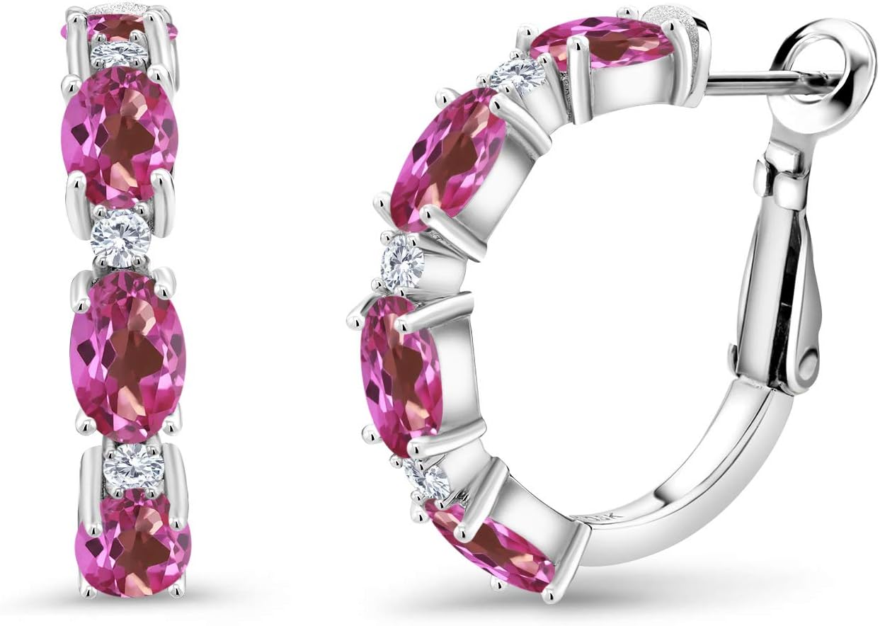 Gem Stone King 925 Sterling Silver Oval Gemstone Birthstone and White Lab Grown Diamond Accent Hoop Earrings For Women | Oval 6X4MM and Round 2MM | 20MM = 0.80 Inch | Fine Jewelry for Her Mom Women
