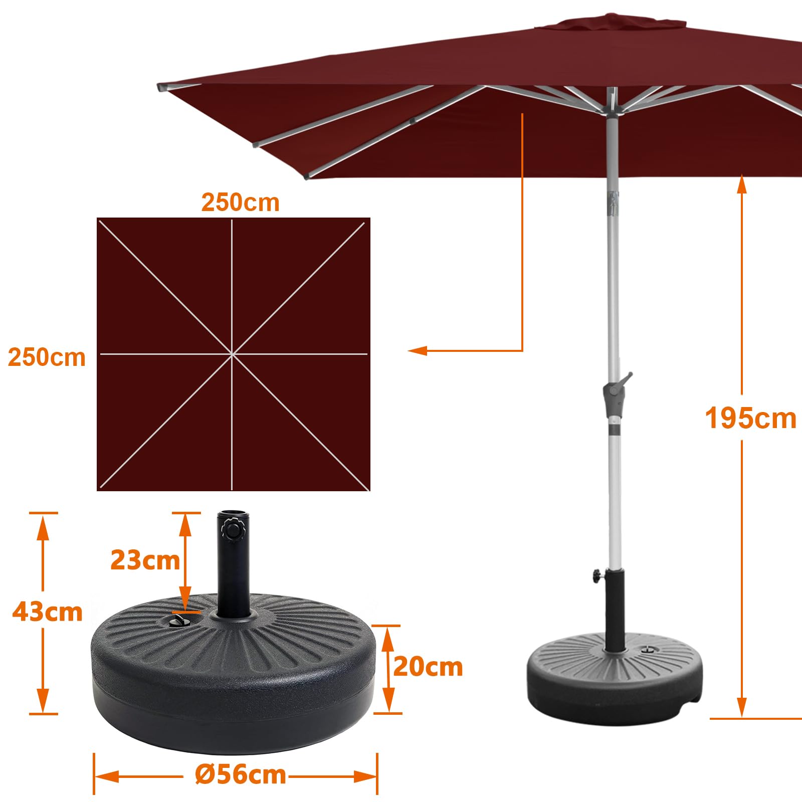 RANSENERS Sonnenschirm 250 x 250 cm, mit Schirmständer, 8 Streben, Beidseitig um 30° Knickbar, Kurbel öffnen & Schließen, UV50+, für Garten, Balkon, Terrasse, Cafe im Freien