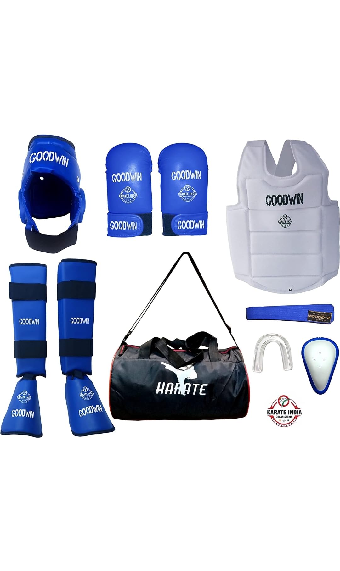 m.N. Karate Kit Kai Approved Goodwin Karate Safety Kit Head Guard, Chest Guard, Shin Guard, Hand Gloves, Belts and Skipping Rope (Blue, Medium)