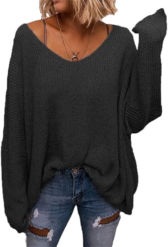 BZB Womens V Neck Long Sleeve Knit Loose Oversized Pullover Sweater Top