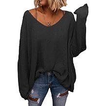 Women's V Neck Long Sleeve Knit Loose Oversized Pullover Sweater Top