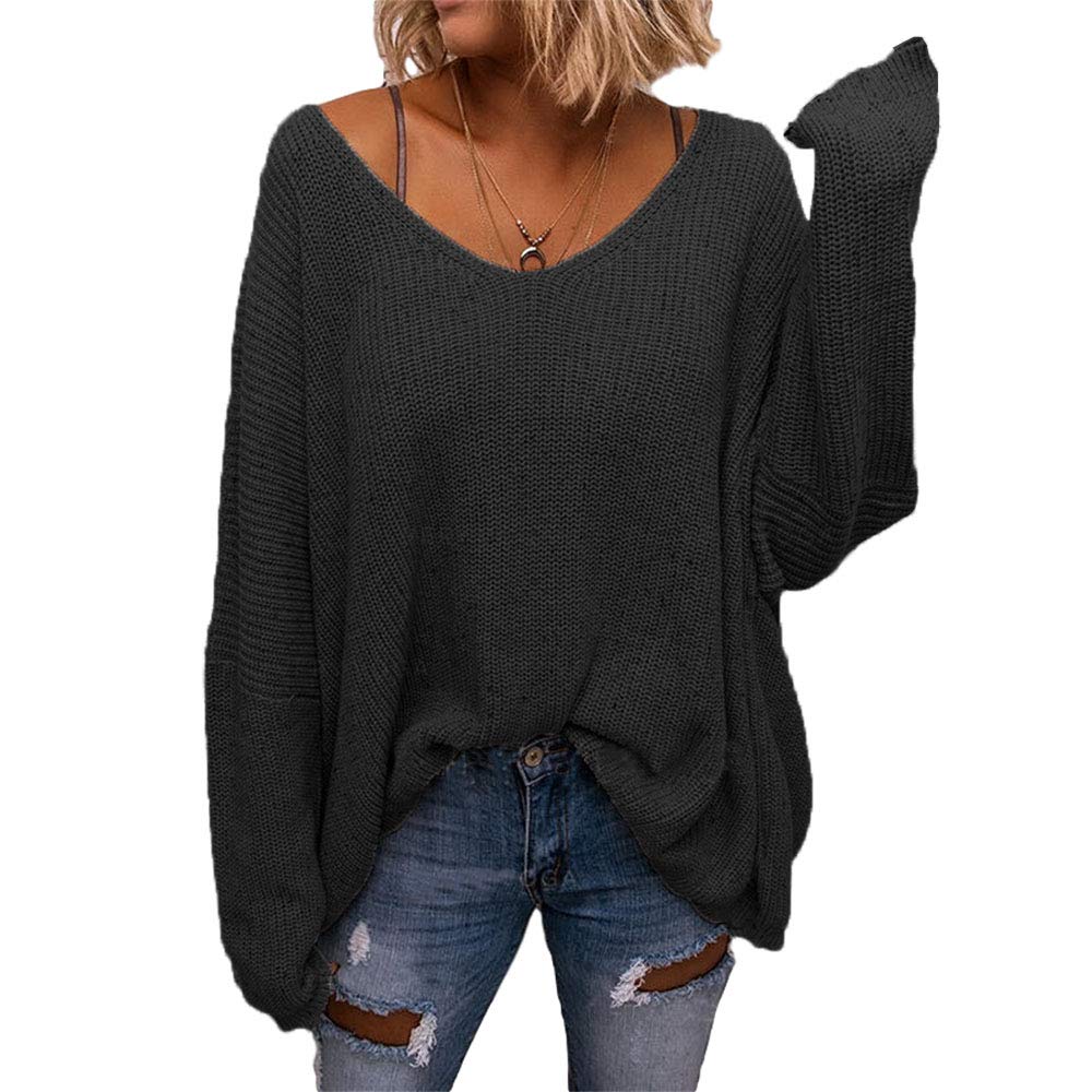 BZB Womens V Neck Long Sleeve Knit Loose Oversized Pullover Sweater Top
