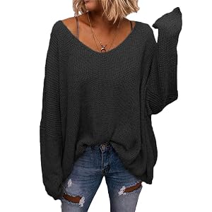 BZB Womens V Neck Long Sleeve Knit Loose Oversized Pullover Sweater Top