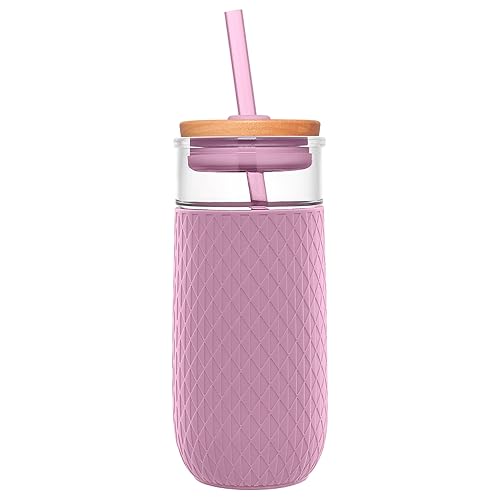 Ello Devon 18oz Glass Tumbler with Straw, Friction Fit Bamboo Wood Lid and Silicone Sleeve | Perfect for Iced Coffee, Tea, Matcha and Smoothies - Mauve