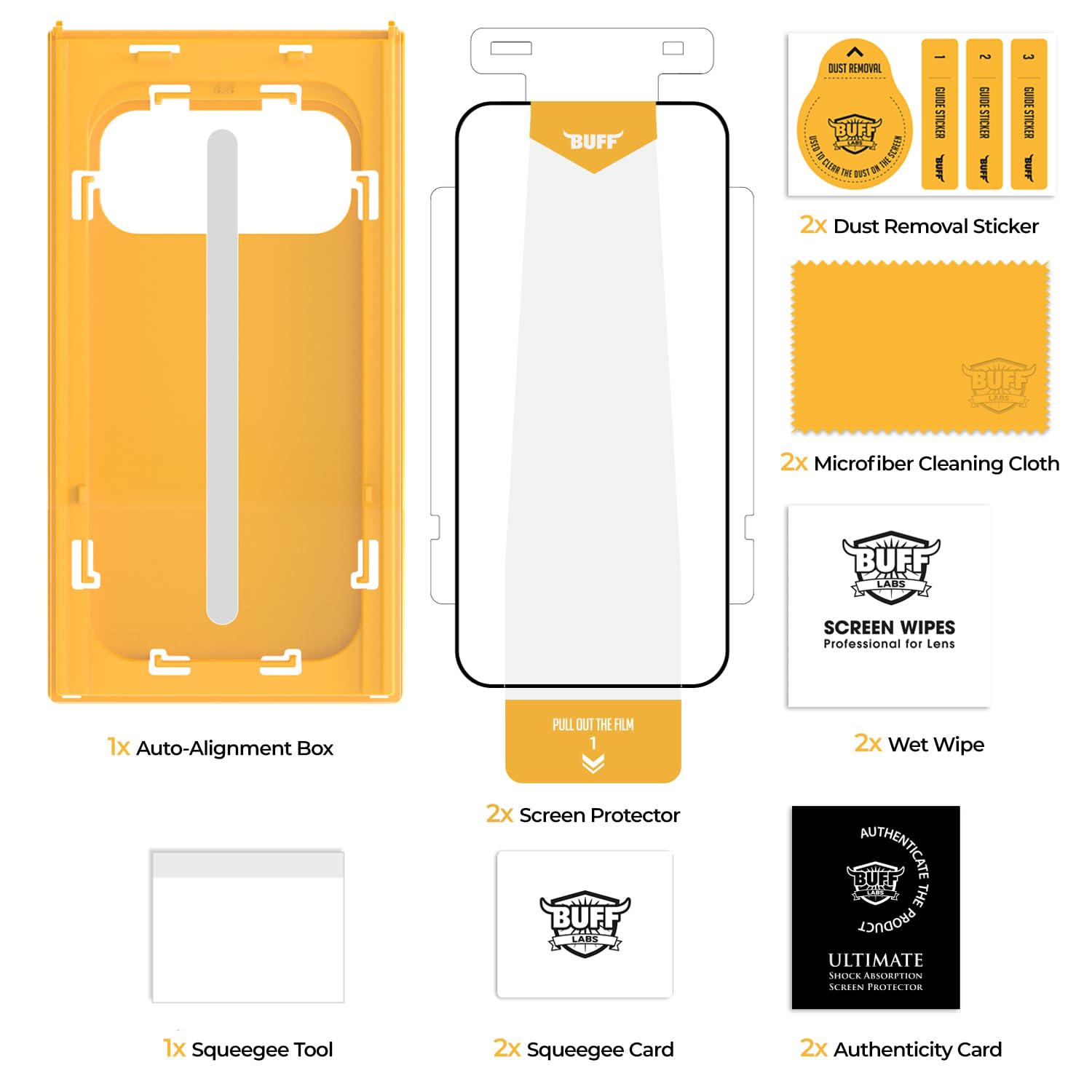BUFF LABS 2 Stück Displayschutzfolie für iPhone 17 Pro | iPhone 17 | iPhone 16 Pro [6,3 Zoll] Panzerglas mit Auto-Alignment Kit - Blasenfrei, Fallschutz, einfache Installation, hüllenfreundlich