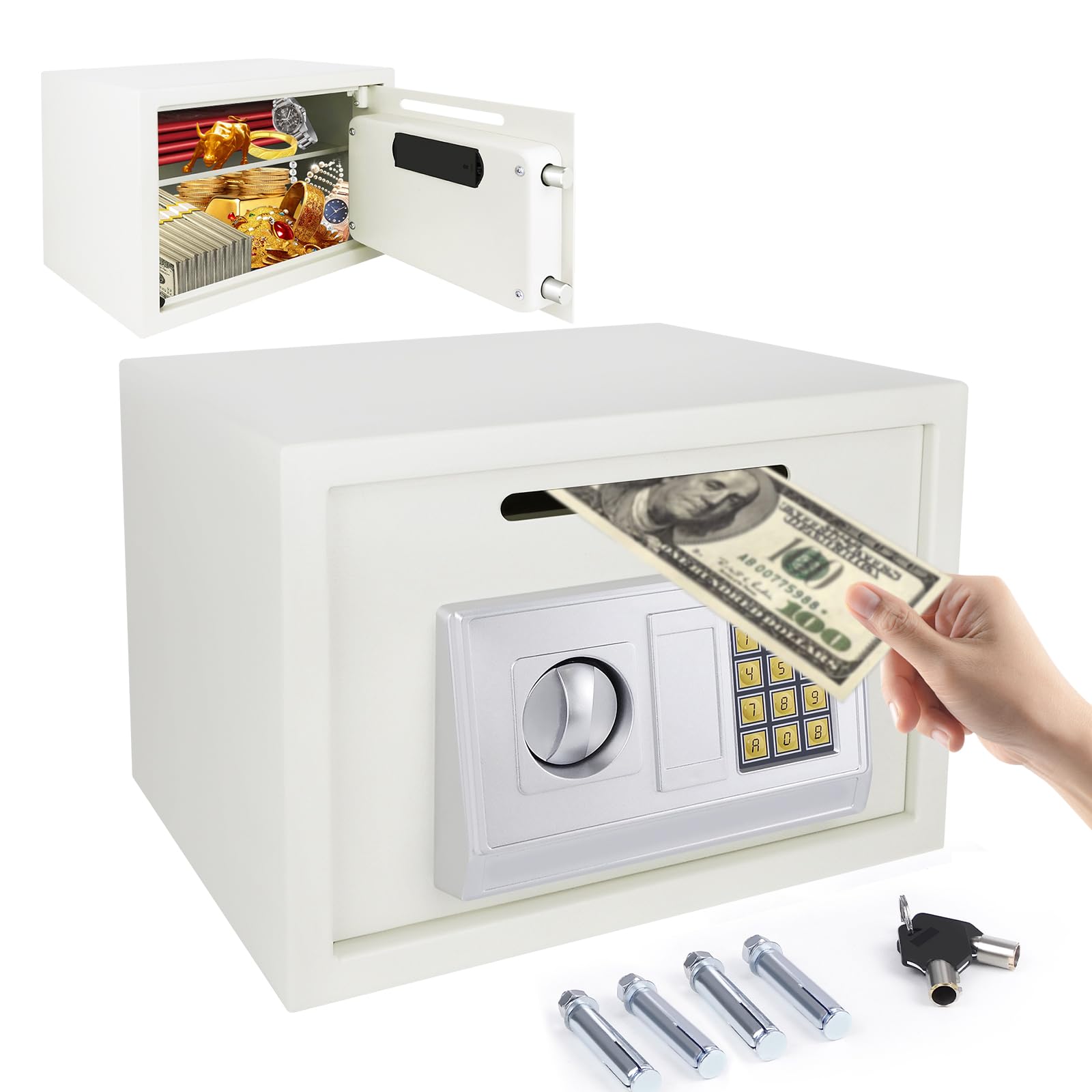 16L Home Digital Safe Electronic Cabinet Safes Cash Box Wall Safes with Key, High Security Home Safe Steel Construction, Fireproof Electronic Password Cabinet for Office, Hotel, 35*24.8*25cm, White