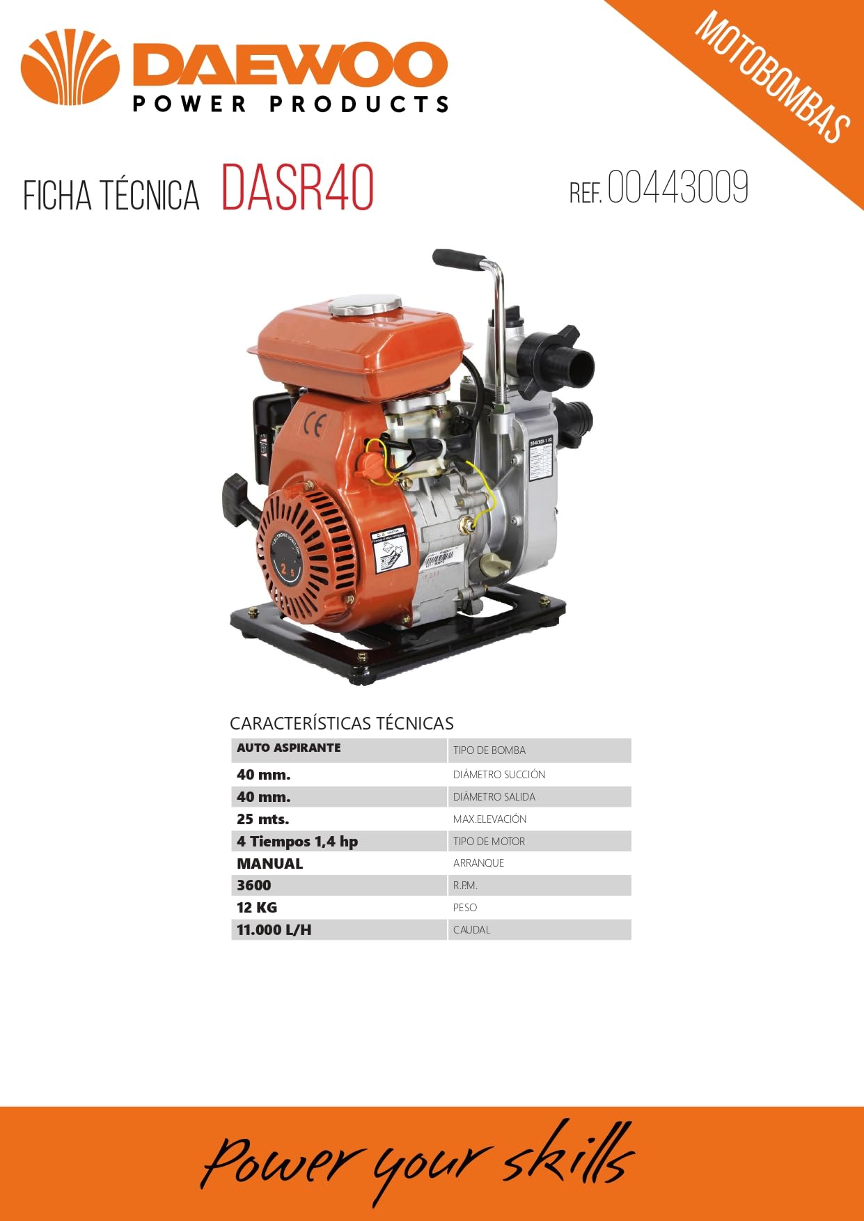 DAEWOO Motobomba Autoaspirante SR40 - Motor 4 Tiempos, 2,5 HP, 11.000 L/h, Aspiración 7 m, Chasis Reforzado, Alerta de Aceite, 3.600RPM 443009