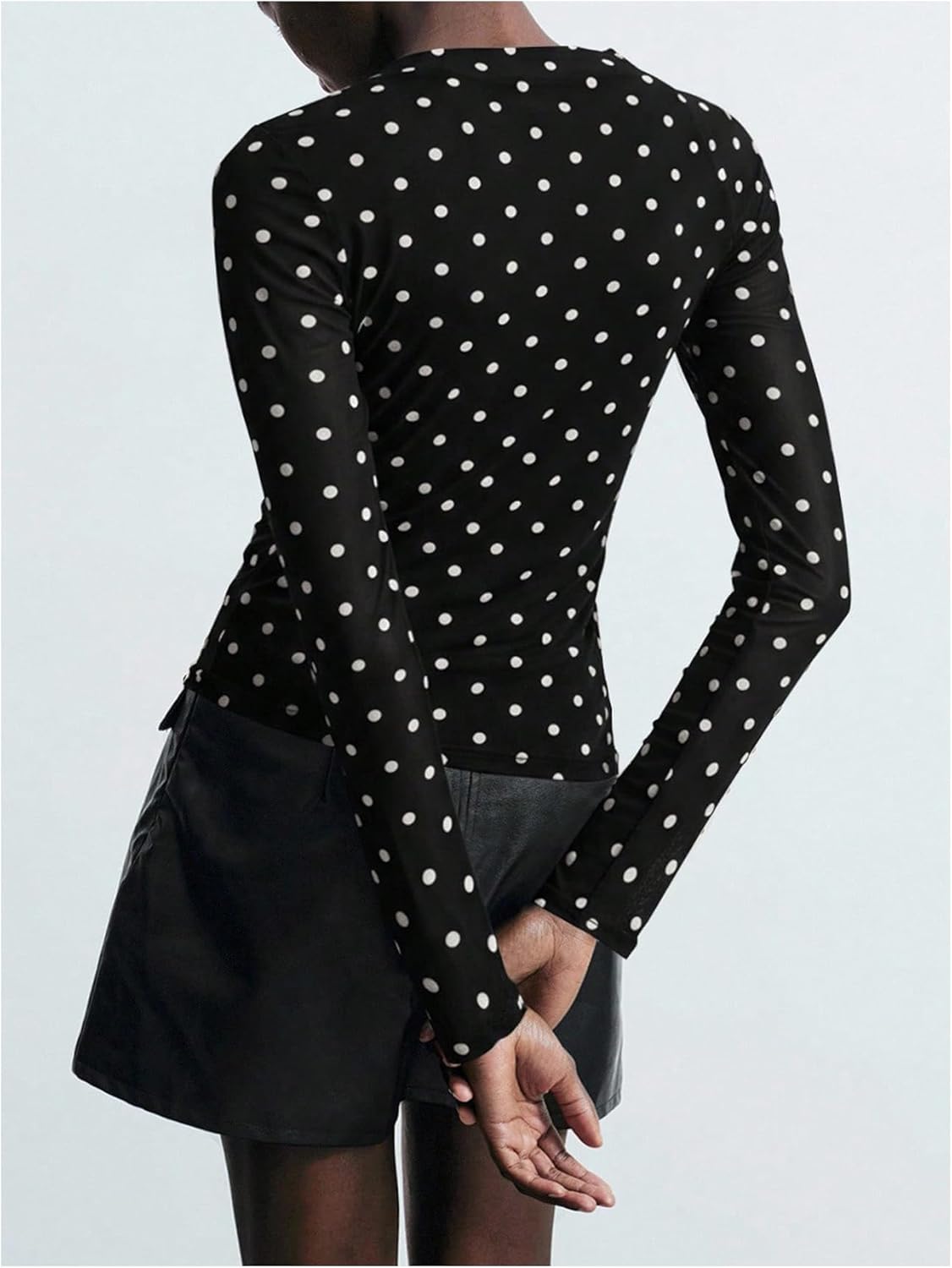Milumia Women's Polka Dots Ruched Mesh Top Y2k Boat Neck Long Sleeve Going Out Tee Tops - Image 3