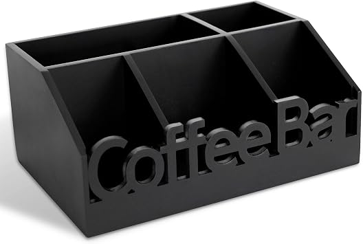 Coffee Bar Organizer for Countertop Wooden Coffee and Tea Station Caddy with Tray for Pods, Cups, Condiments, and Accessories Kitchen or Office Counter Storage Medium Size -Black