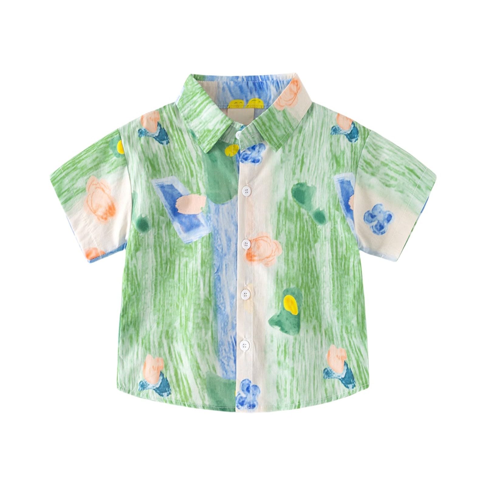 Toddler Boy Short Sleeve Button Down Shirt Striped Guayabera Shirts Tops Baby Hawaiian T-Shirt (Green, 12-18 Months)