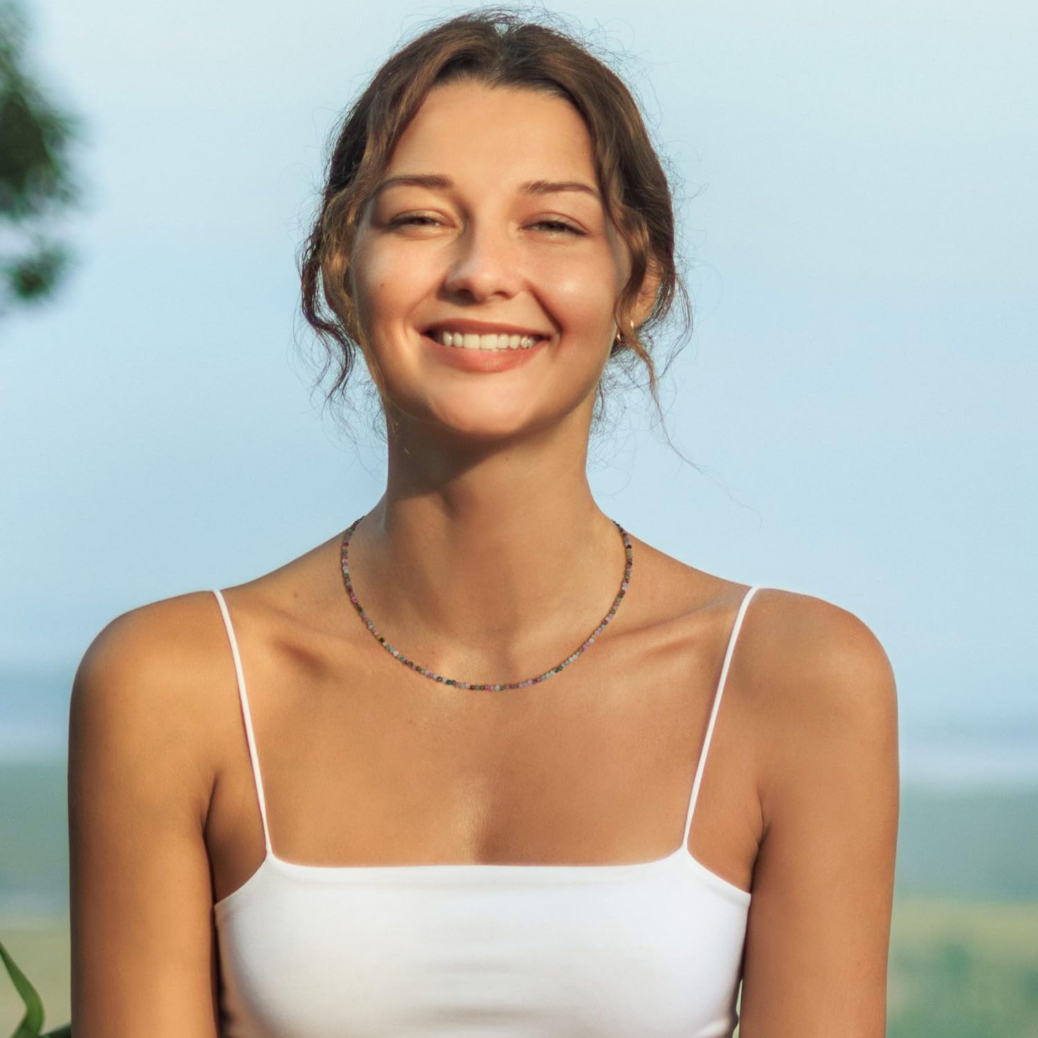 COAI Collana da Donna con Perline di Pietre Naturali, Collana Fina Stile Minimalista da Donna Leggera per l'Estate