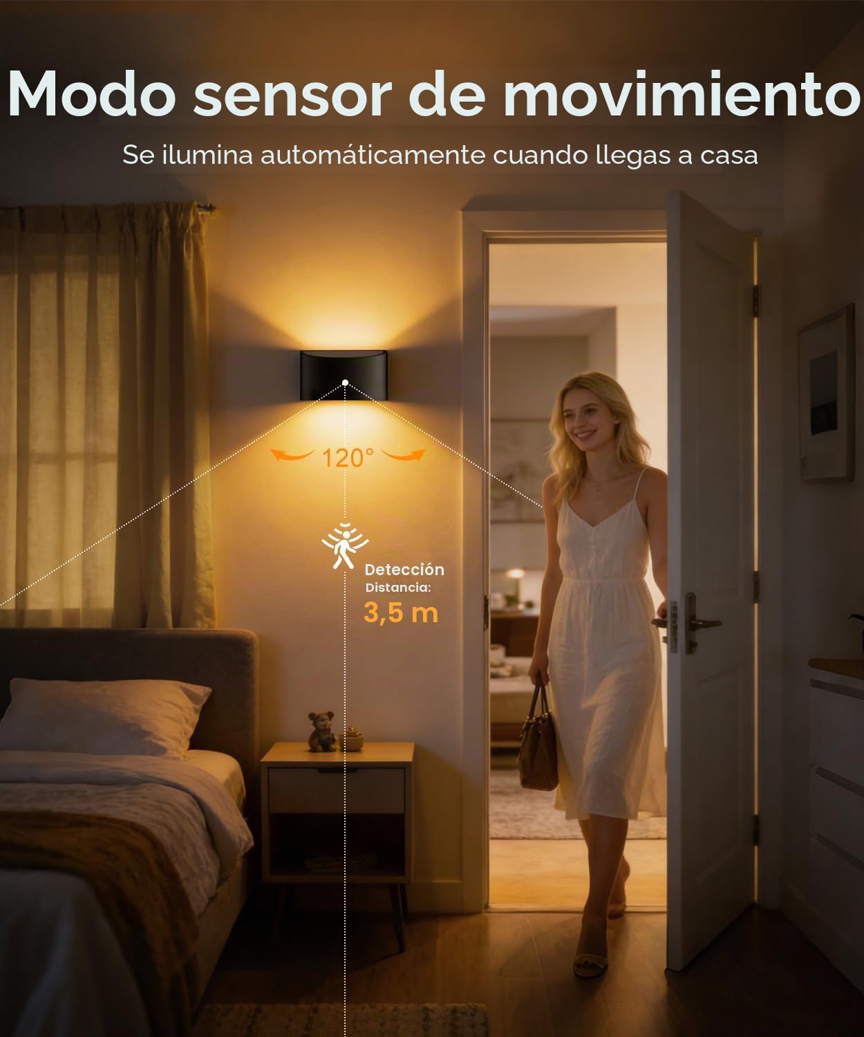 2 Piezas Aplique LED de Pared Interior con Sensor de Movimiento, Apliques Pared 5.000 mAh Recargable sin Cable, 3 Temperaturas, Mando 7 m, Lámpara de Pared Negro, Dormitorio Pasillo Escalera