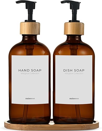 MaisoNovo Juego de dispensadores de jabón de vidrio para baño | Juego de dispensadores de jabón de manos y jabón para platos | Botellas ámbar de