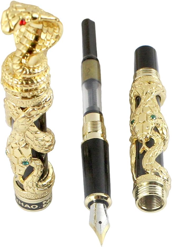 2PCS Fountain pen Pen Set, 3D Snake Heavy Metal Pen, Medium Point(0.5MM), Gold & Gray