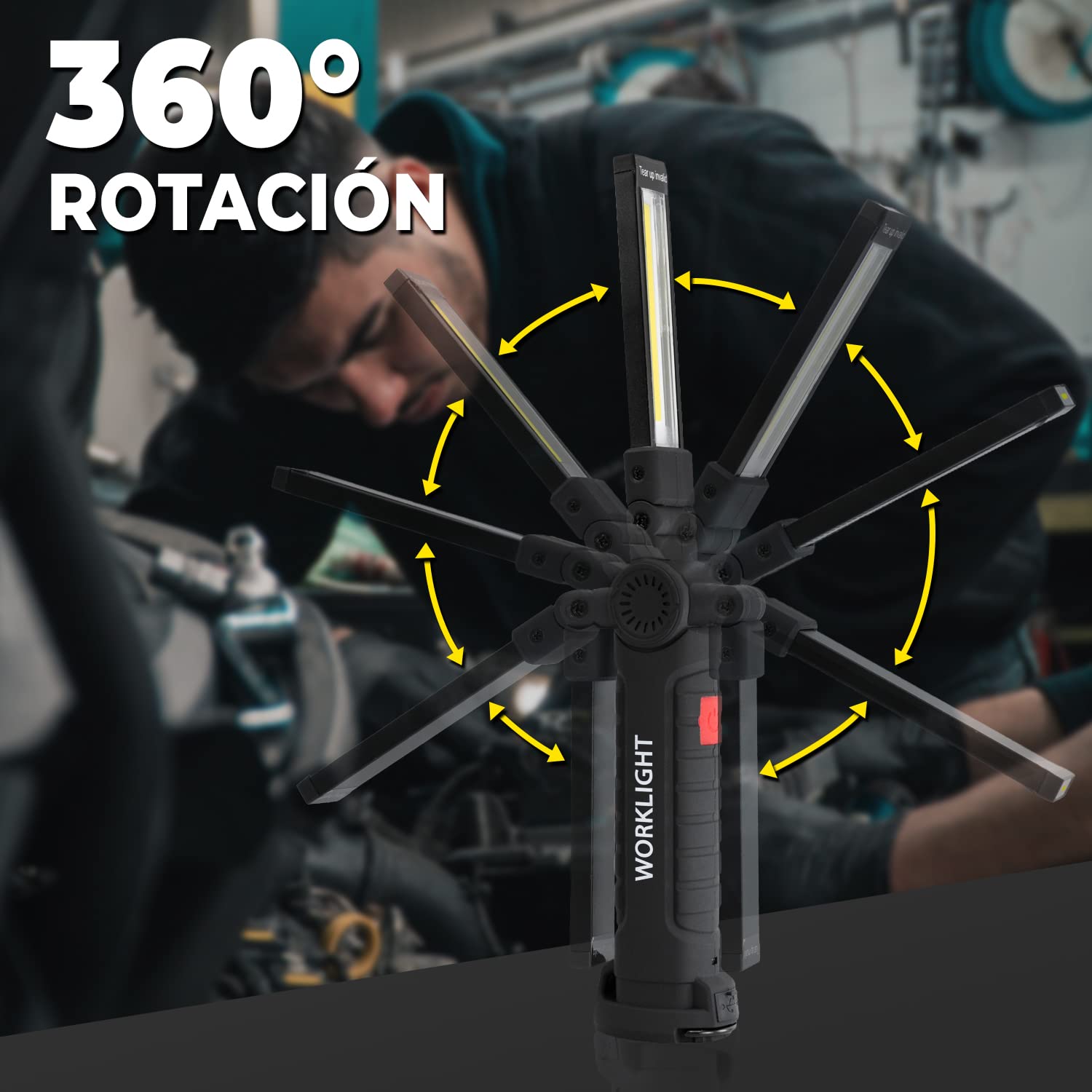 Linterna LED recargable con imán, pack de 2 lámparas de trabajo portátiles USB con gancho, giro 360°, 5 modos, luz roja y SOS para taller mecánico, coche y emergencia
