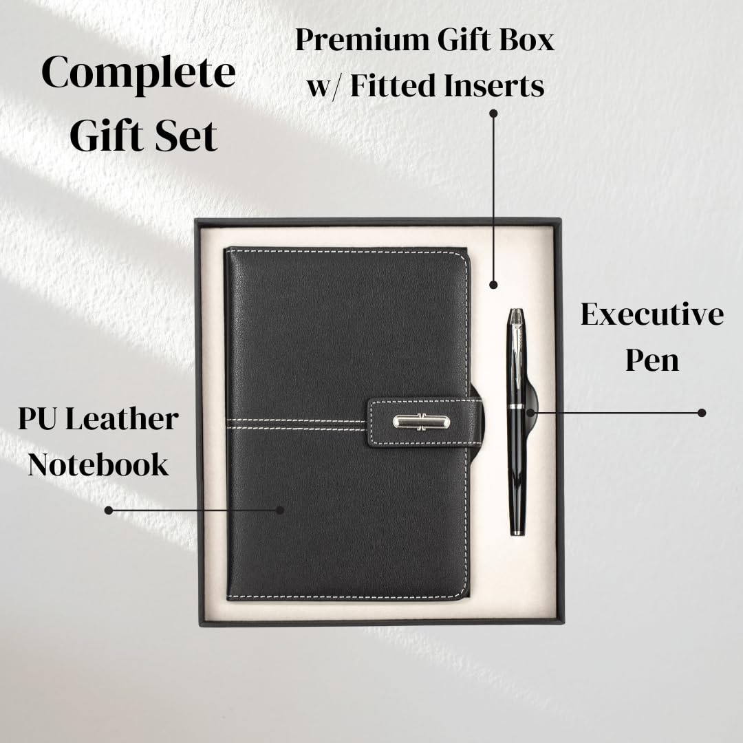 Shadow Breeze A5 Leather Notebook and Executive Pen Gift Set in Premium Gift Box, 172 Pages 100GSM Ruled Pages, Great Gift for Business, School, Home (Black)