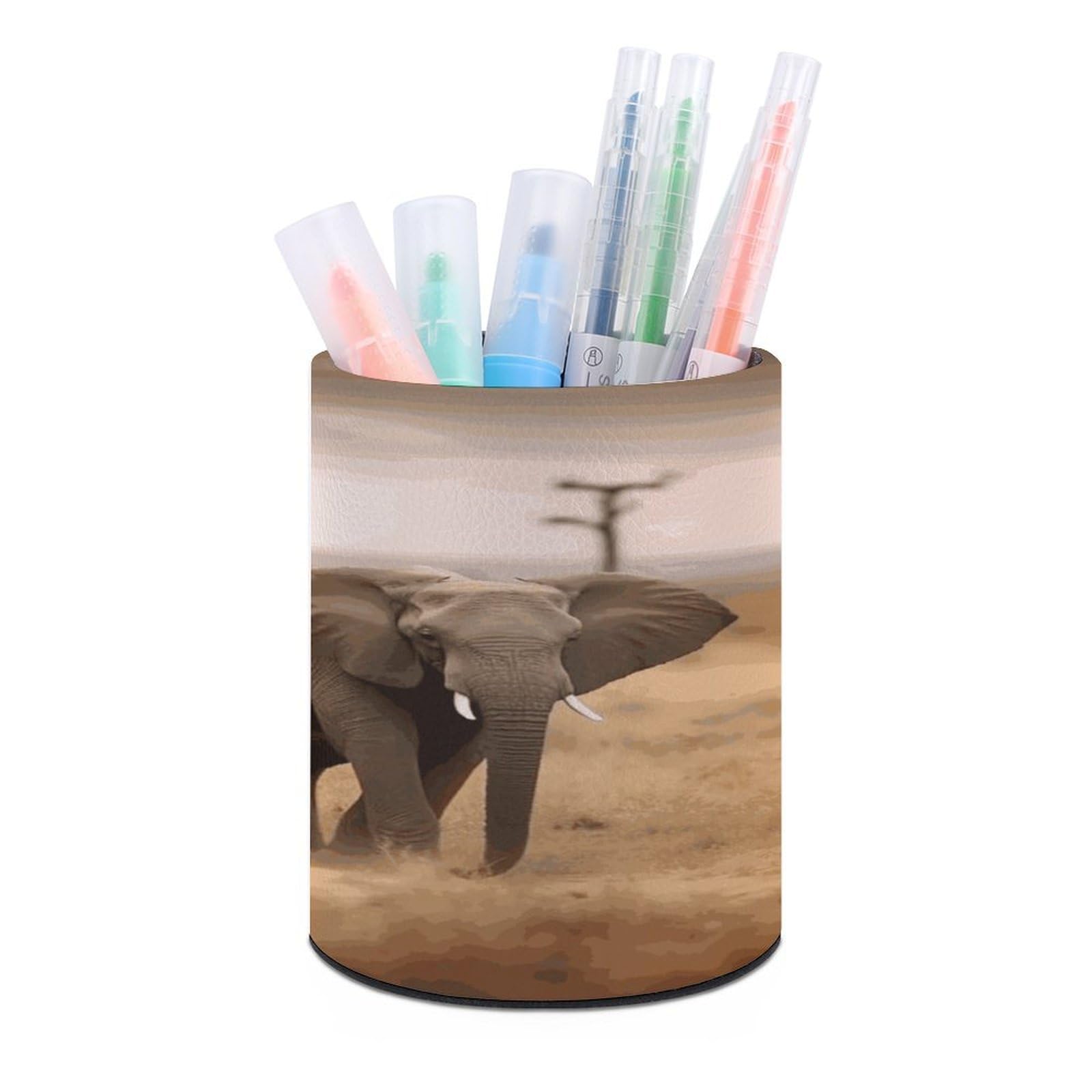 LDGSUPH Wild Animals Elephants Round Pen Holder Leather Pen Cup Pencil Cup Pen Organizer Pencil Holder for Desk Organizer Pencil Organizers Makeup Brush Holders for Home Office Gift