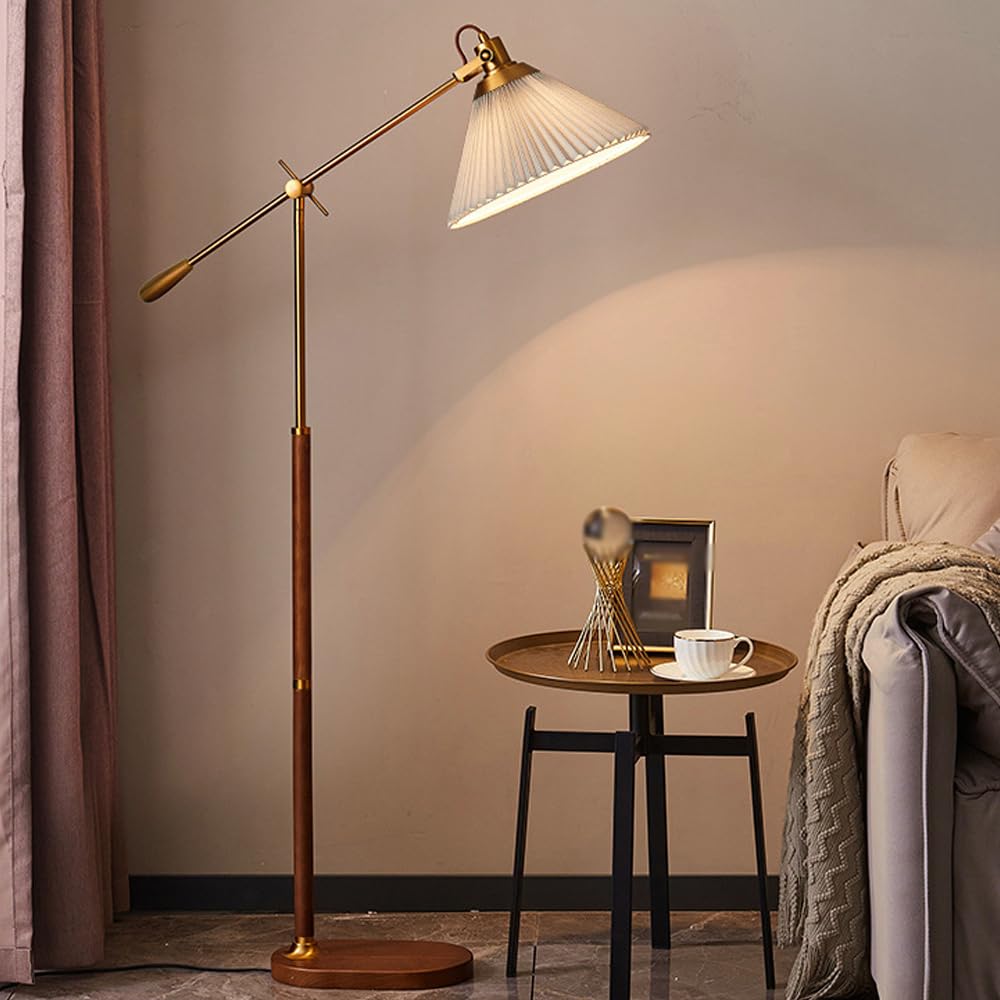 HGJHJJHK Mid Century 49.2" Fabric Floor Lamp Height Adjustable Floor Light Wood Color Tall Lamp with E26 Dimmable Iron Standing Light for Living Room Study Bedroom Villa