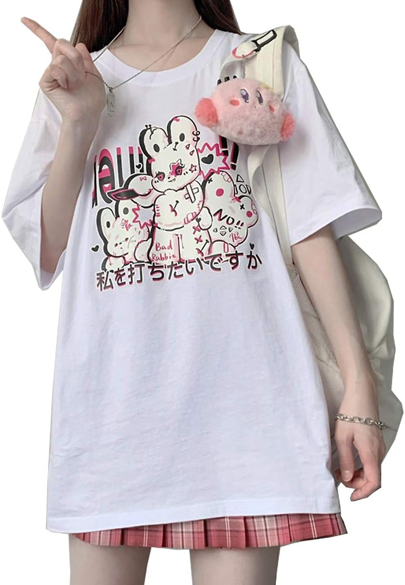 Starry CollectorPastel Goth Japanese Kawaii Aesthetic Soft Cotton Round Neck Cartoon Print Evil Bunny T-Shirt