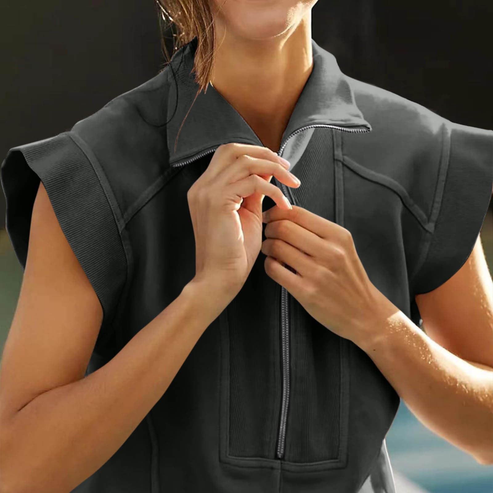 FUPODD Jerseykleid Damen Sommer Kurz Kleid mit Reißverschluss Vorne Tenniskleid mit Taschen Sommerkleid Leicht Elegant Minikleid Sportlich Sommerkleider Gerader Schnitt Kleider Frauen mit Kragen