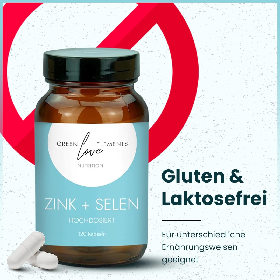 Zink + Selen Kapseln 25mg + 55 µg Hochdosiert - Vegan. In Deutschland hergestellt. Zinkgluconat- Für Haut, Haare, Nägel und Knochen. Für ein starkes Immunsystem. 120 Kapseln im Glas