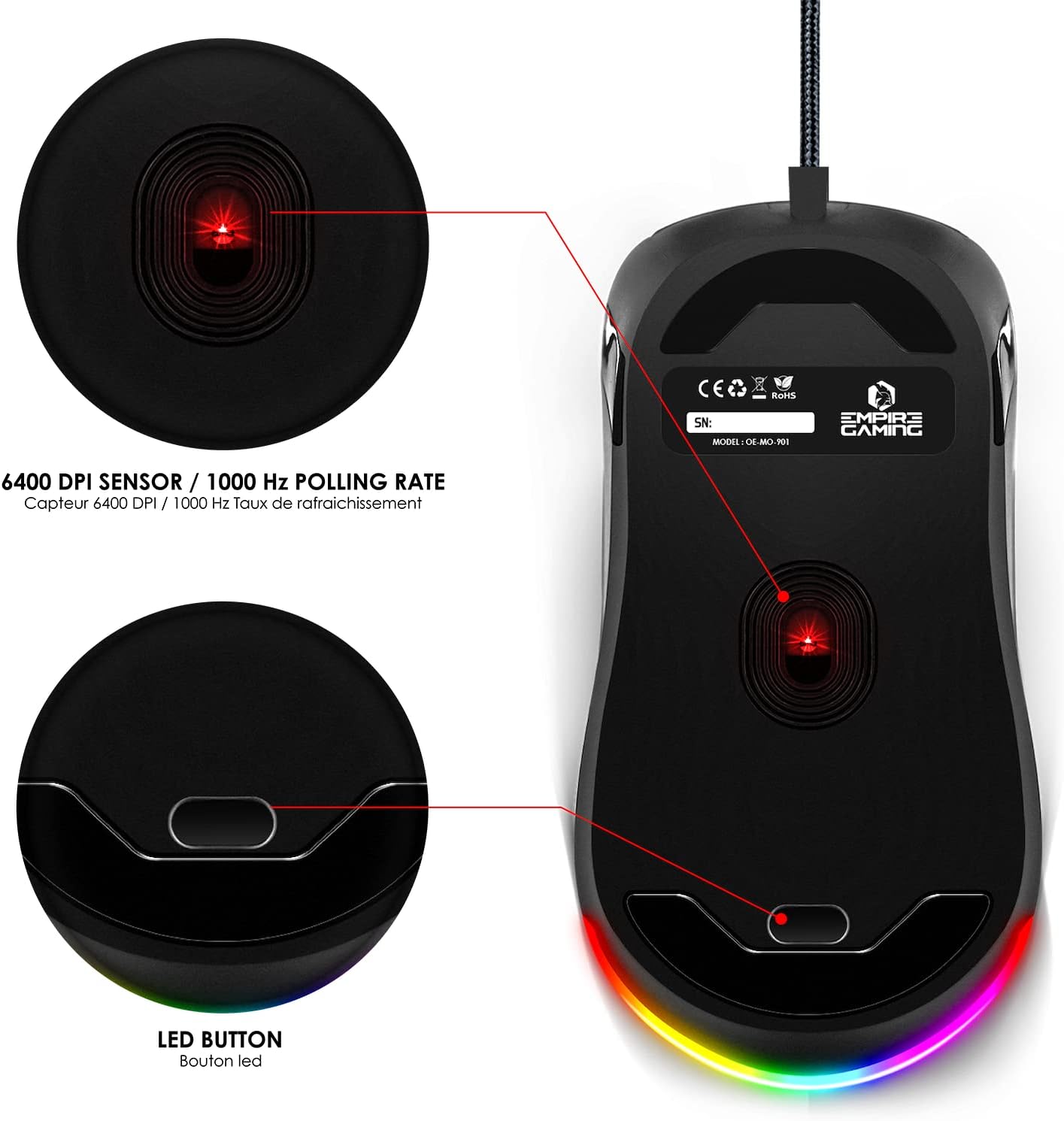 X-Blades Mouse Gamer con filo - Ambidestro - Retroilluminazione LED RGB - Ergonomico - 6400 DPI 1000 Hz - 7 pulsanti programmabili - Software incluso - Tastiera gaming - Immagine 5