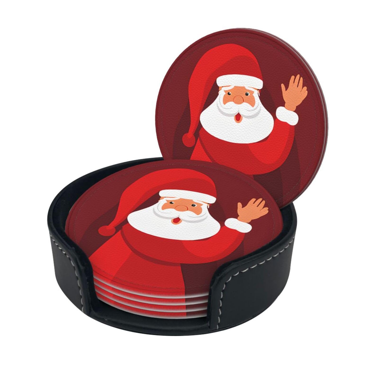 Cute Santa Claus Print Print Coaster,Round Leather Coasters with Storage Box for Wine Mugs,Cold Drinks and Cups Tabletop Protection (6 Piece)