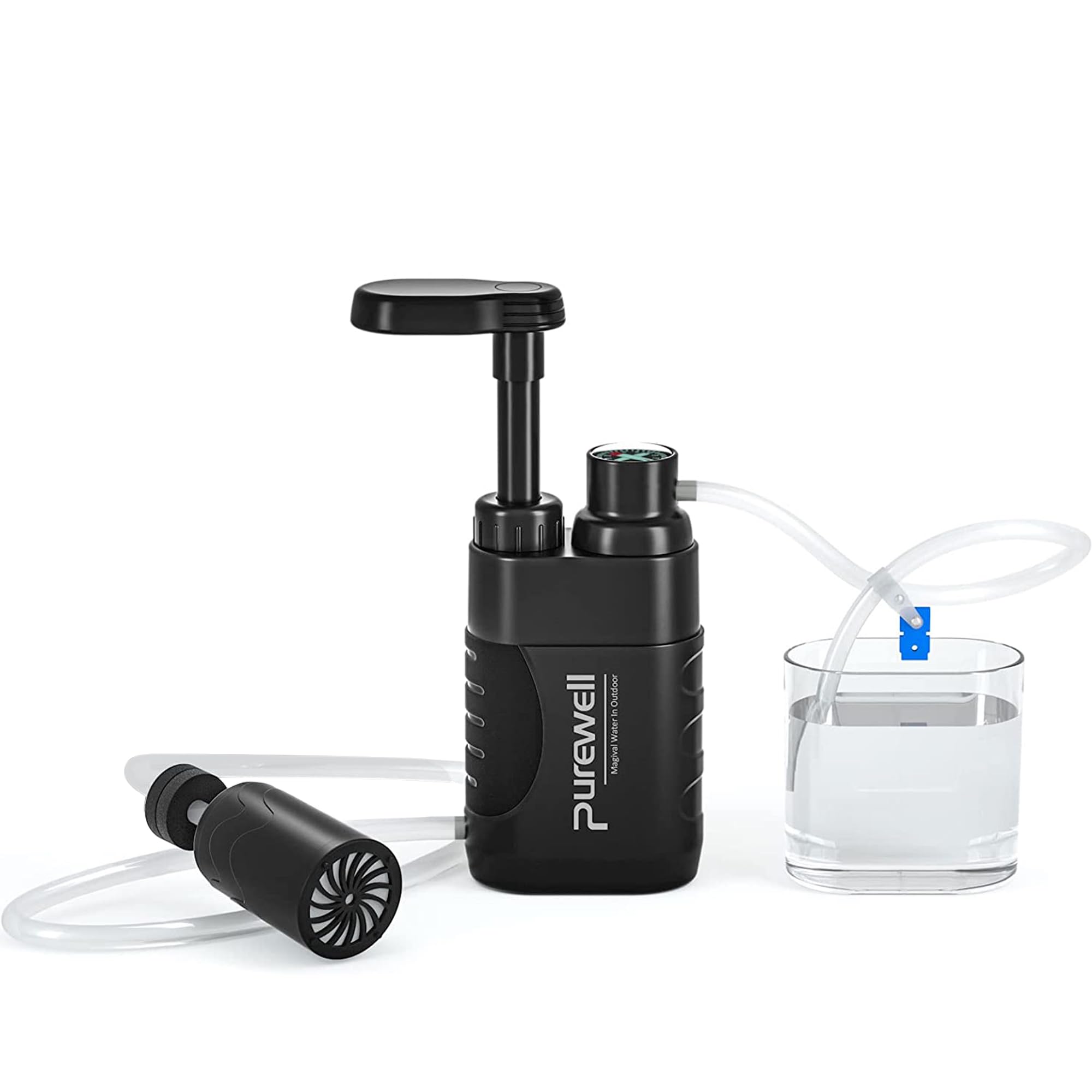 Purewell Water Purifier Pump with Replaceable Carbon 0.01 Micron Water Filter, 4 Filter Stages, Portable Outdoor Emergency and Survival Gear - Camping, Hiking, Backpacking