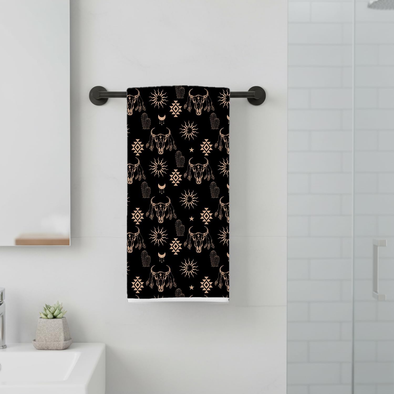 Boho Western Aztec Kitchen Towels, Black and Beige Western Dish Tea Towels, Southwestern Bull Skull Cactus Sun and Moon Decorative Hand Towels for Kitchen Bathroom, 16x24 Inch - Image 5