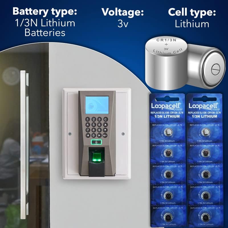 Loopacell 1/3N Lithium battery specifications and application in a fingerprint access system.