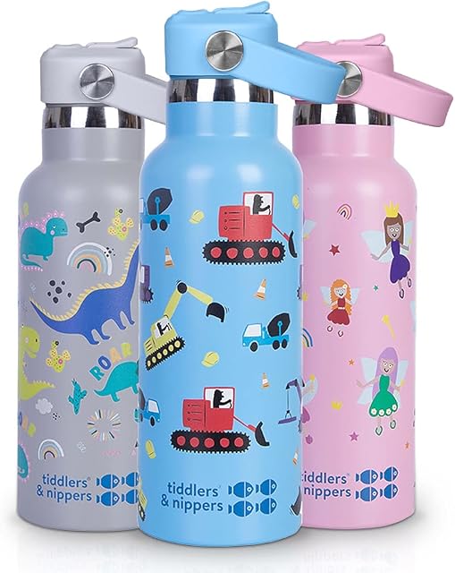 Tiddlers & Nippers Stainless Steel Vacuum Insulated Double Wall Kids Reusable Water Bottle with Leak Proof Straw 500ml | Keeps Cool for 24hrs & Warm for 10hrs + (Diggers & Lorries)