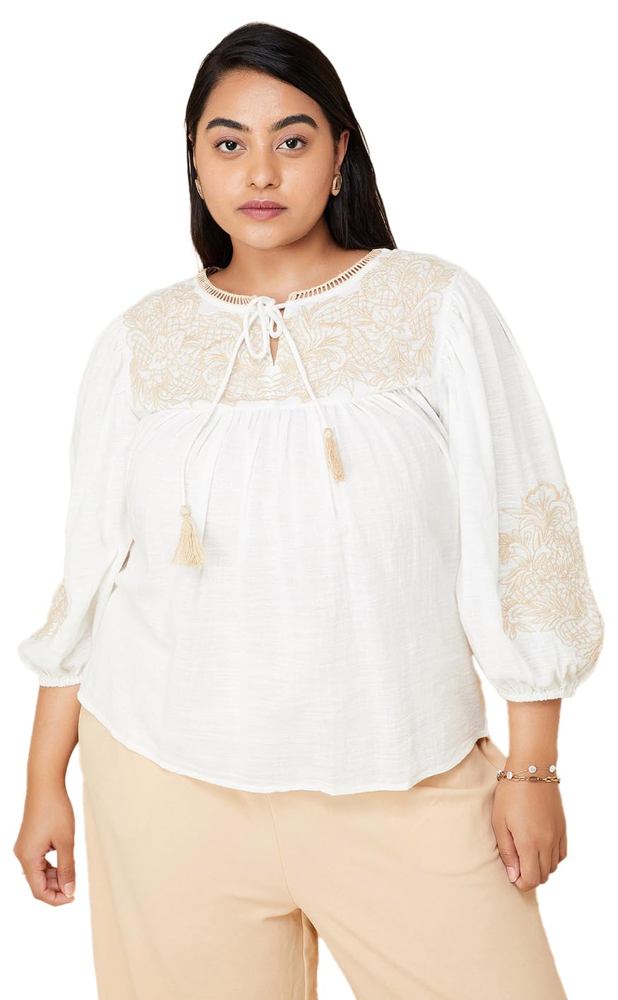 Women Cotton Regular Fit Plus Size Embroidered Top