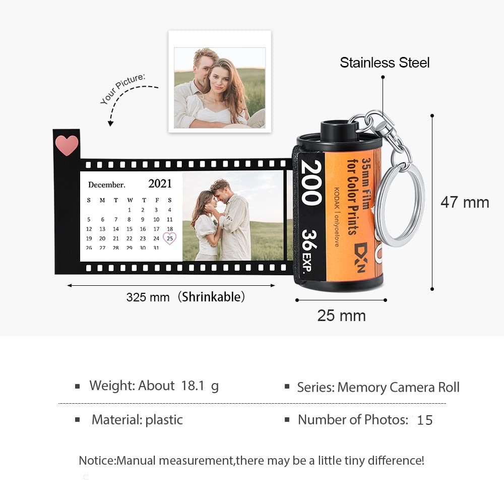 Jewelstruck Llavero personalizado con rollo de película fotográfica, llavero de cámara de fotos personalizado, regalos para novio, pareja, mejor amiga, 14 Fotos+calendario, 47*25mm