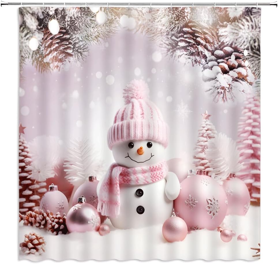 Christmas Snowman Shower Curtain Cute Pink Ball Xmas Tree Snowflake Winter Pine Branch Holiday Bathroom Decor Fabric Curtains with Hook 80Wx70H Inches
