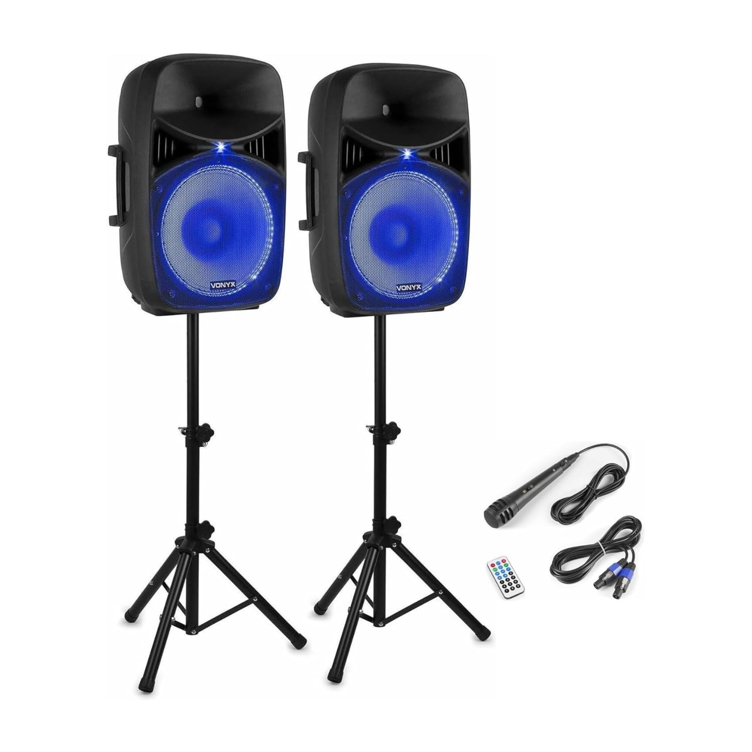 Vonyx VPS122A – Altavoz portatil Bluetooth Potente de 800W con 2 Altavoces 12", USB, Anillo LED en el Altavoz, trípodes y micrófono, Equipo de Sonido Profesional para DJ y Karaoke, Color Negro
