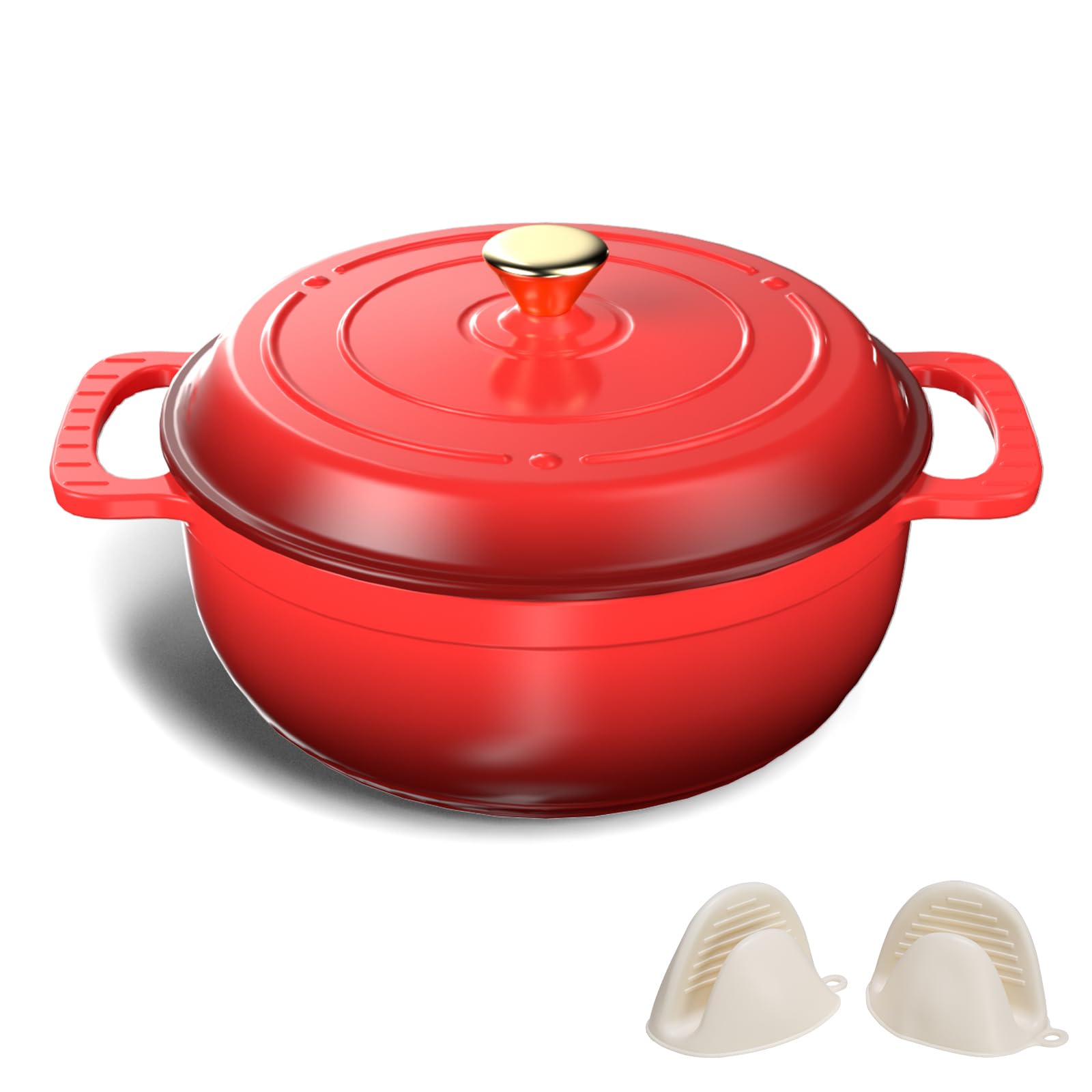 Bonnlo Enameled Cast Iron Round Pot, 27cm/5.6L Dutch Oven Cookware with Lid, Silicone Gloves, Heavy-Duty Pre-Seasoned Cookware for Bread Baking, Braising, Stews, Roasting - Red, 6QT