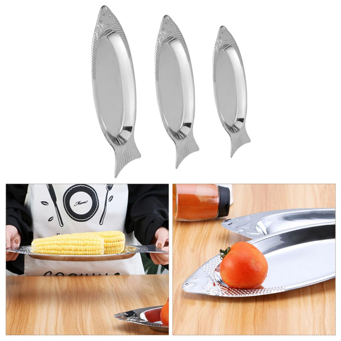 MAGICLULU Plato de Pescado de Acero Inoxidable en Forma de Pez 3piezas | Apto para Horno y Microondas, Resistente a Altas Temperaturas, Superficie Lisa y Fácil de Limpiar