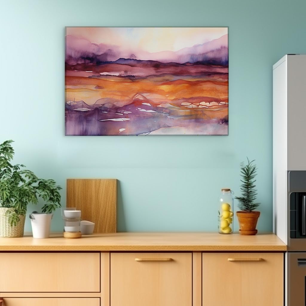 Canvas for Living room. Whispers of Serenity - An Abstract Watercolor Haven in Purple and Warm Hues, 27 x 18 inch Canvas Wall Art - Contemporary Masterpieces - Modern Home Decor