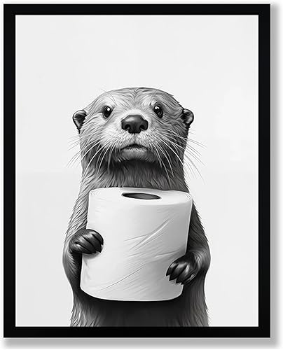 Lienzo enmarcado en blanco y negro para el baño, divertida decoración de baño de animales, linda nutria sosteniendo un rollo de papel higiénico,