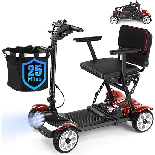 4 Wheels Folding Mobility Scooter, 28 Miles Range, 384Wh Removable Li Battery, Max 300LBS, Ultra Lightweight Electric Scooter for Adults Seniors, Front & Rear Lights, Convenient for Travel, Red