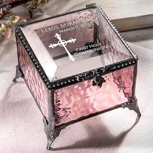First Communion Gift for Girls Personalized Glass Rosary or Jewelry Box with Cross J Devlin EB220 (Pink)