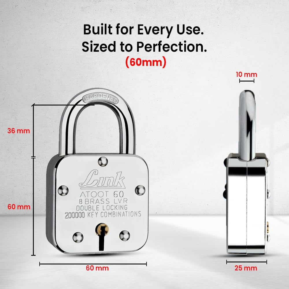 Link® Atoot 60mm Lock | 2 Lakhs Keys Combination Steel Body | Hardened Shackle | 8 Brass Levers | Made in India | 1 Padlock 3 Silver Keys — Amazon image 4