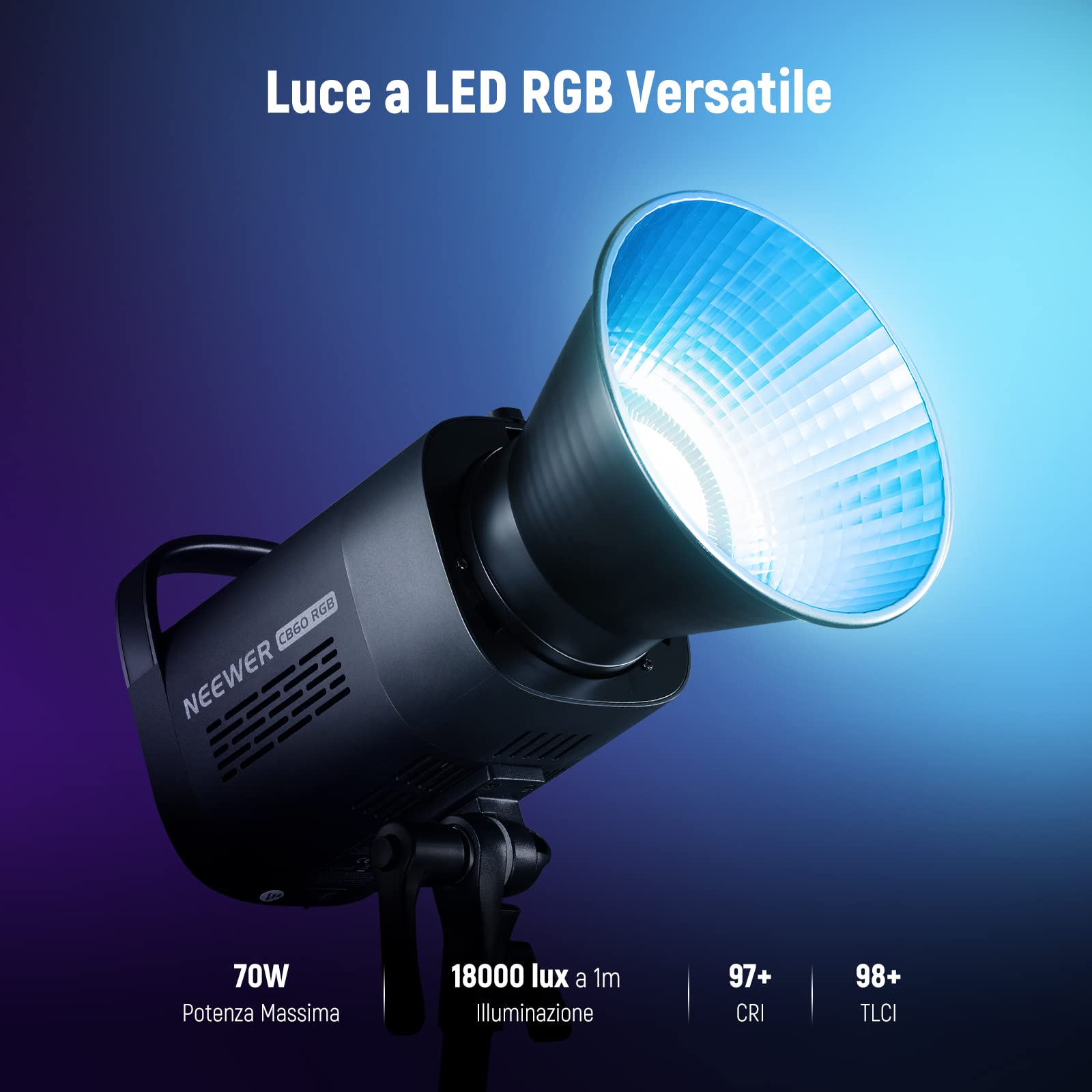 NEEWER CB60 RGB Luce LED 70W Con App – Bowens, CCT 2700-6500K, 18000 Lux, 17 Scene Per Video