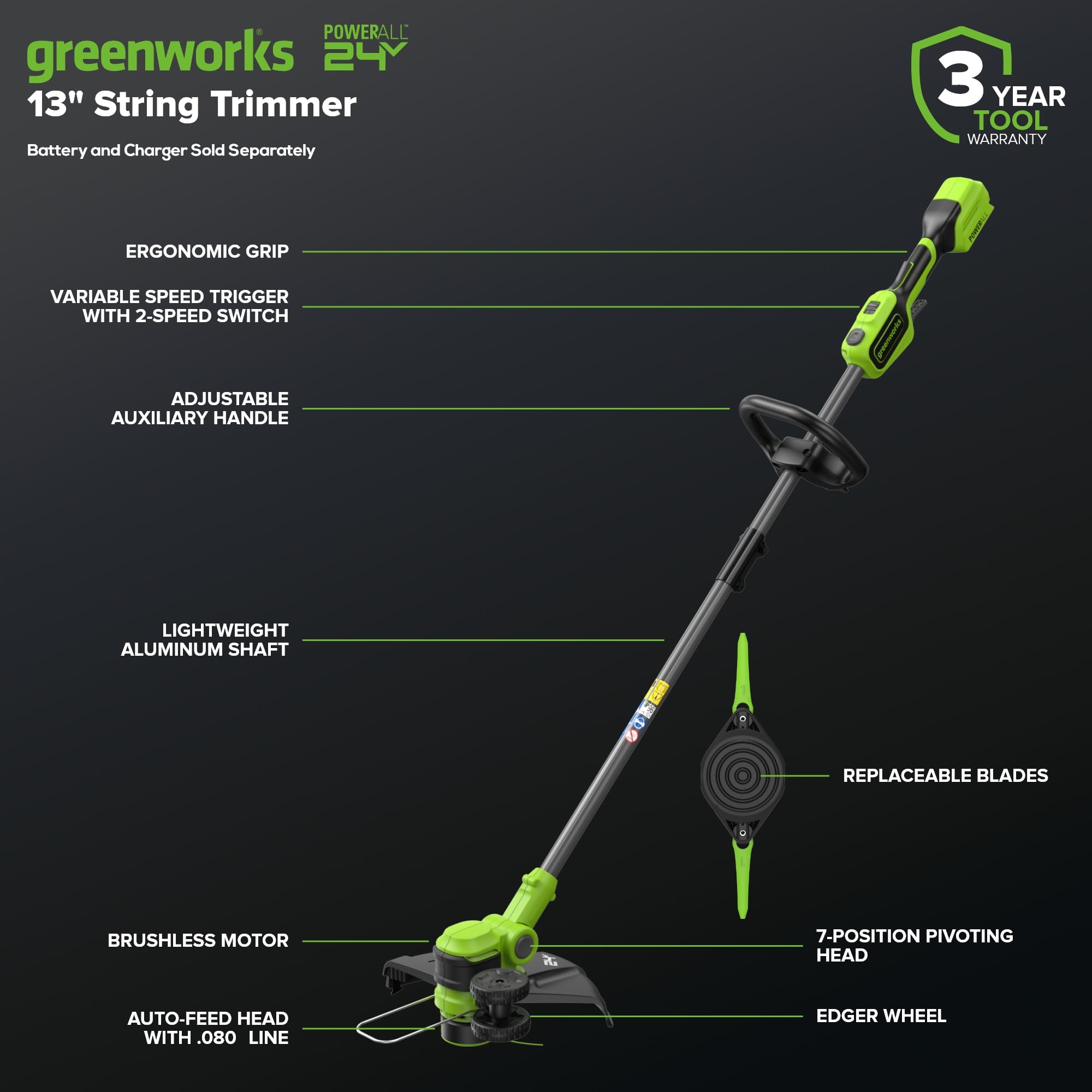 Greenworks 24V desbrozadora bateria, Anchura de Corte 33 cm, Cabezal Motor Giratorio e inclinable 90°, con Carrete de Cable y 20 Cuchillas de plástico, sin batería ni Cargador