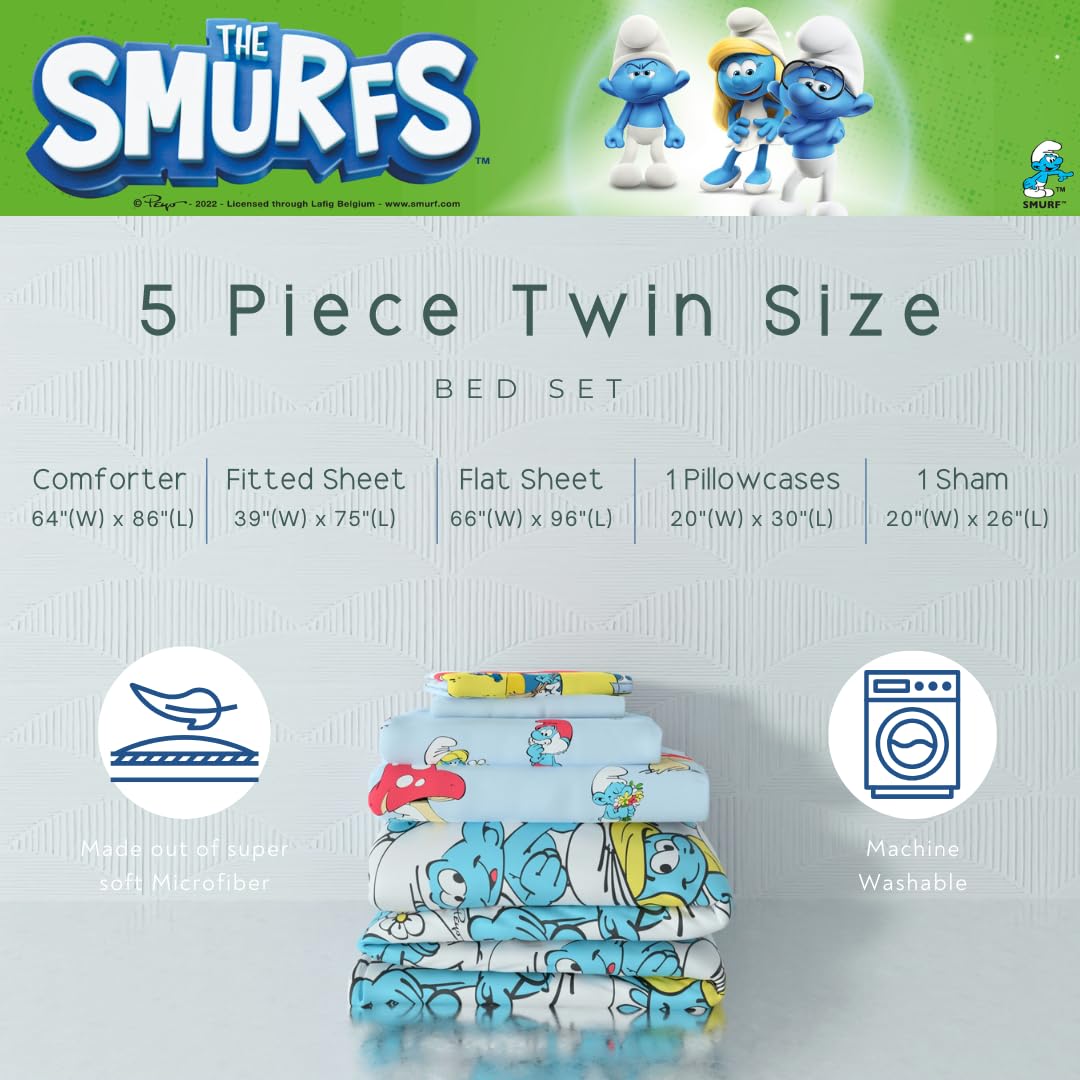 Franco The Smurfs Kinder-Bettwäsche-Set, superweich und gemütlich, wendbar, Mikrofaser, mit Kissenbezug, 5-teiliges Doppelbett, offizielles Lizenzprodukt