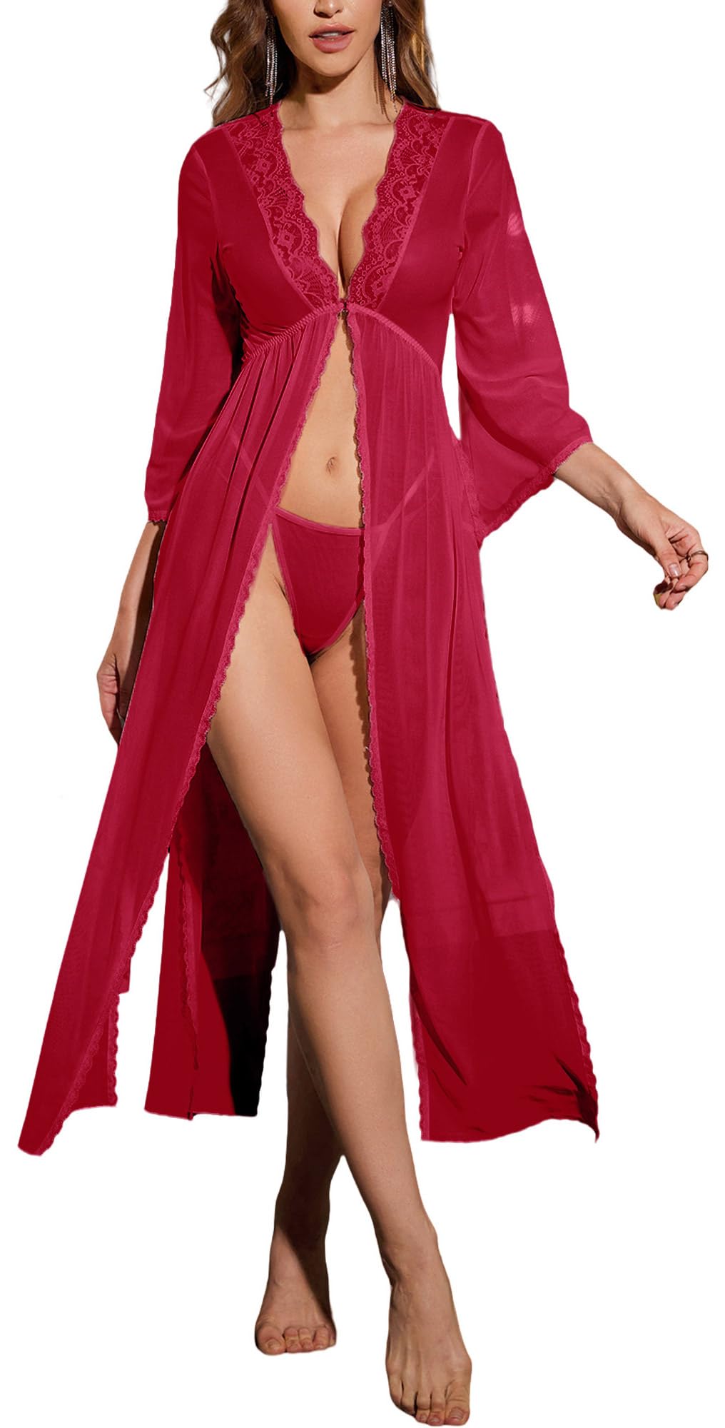 Maeau - Lencería Bata Kimono Larga Encaje Transparente Malla y Abertura Alta para Mujer S-XXL
