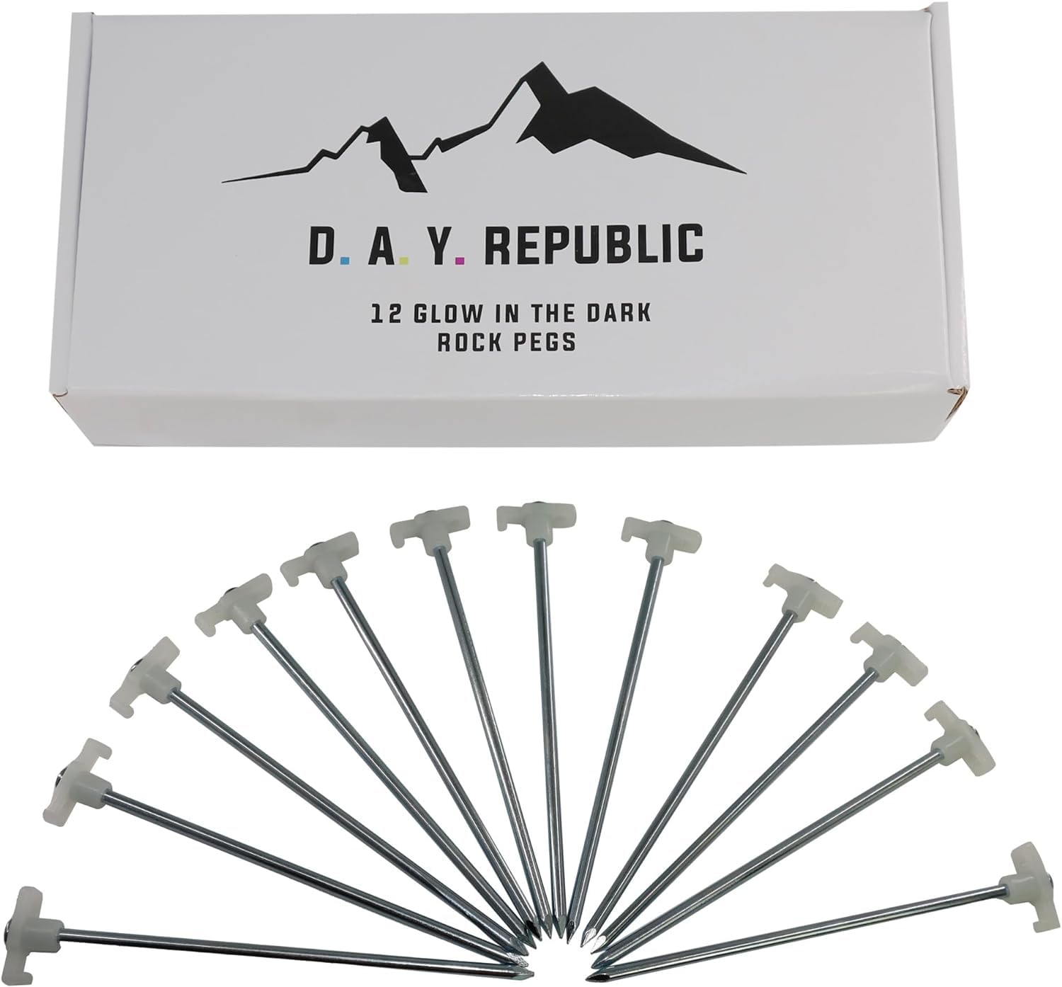 Large Heavy Duty Storm Proof Tent Pegs, Galvanised Steel Rust Proof – These Stakes are Ideal for a Hard and Rocky Ground for Camping Tents, Gazebos and Gardening (12 Glow in the Dark Rock Pegs)