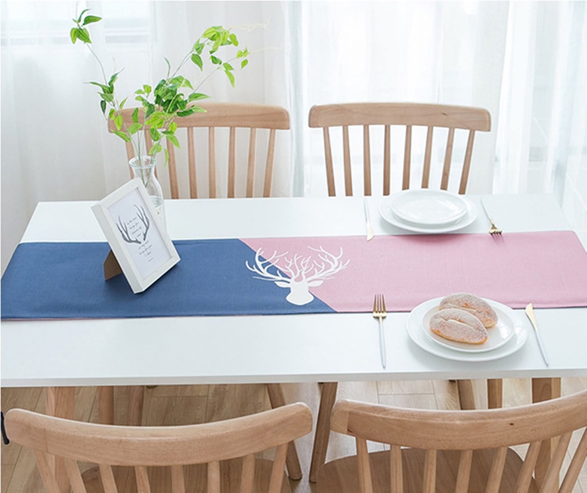 Camino de Mesa Rustico, Centro Mesa Comedor Decoracion Estilo Nórdico Ciervo Rosa Azul Oscuro Poliéster 33x180CM