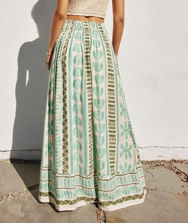 Women's Bohemian Floral Printed Maxi Skirt Summer Elastic High Waisted Skirts Casual Tassel Tie Beach Long Skirt2